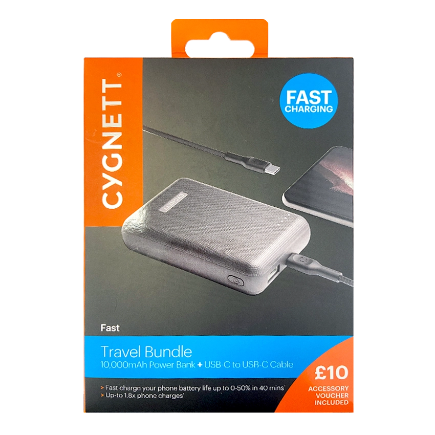 Pacchetto da viaggio Cygnett a ricarica rapida Cavo Power Bank da USB-C a USB-C da 10000 mAh Nero