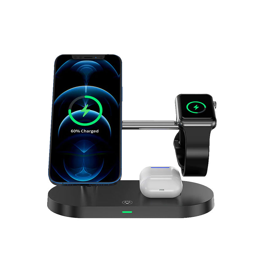 5-In-1 Magnetic Fast Wireless Charger Black front view with phone, watch and airPod  on charging